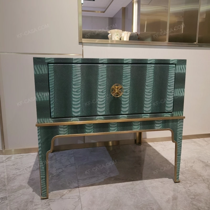 Green Embossed Leather Sofa Side Table with Single Drawer, Orange Interior and Gold-Tone Stainless Steel Trim